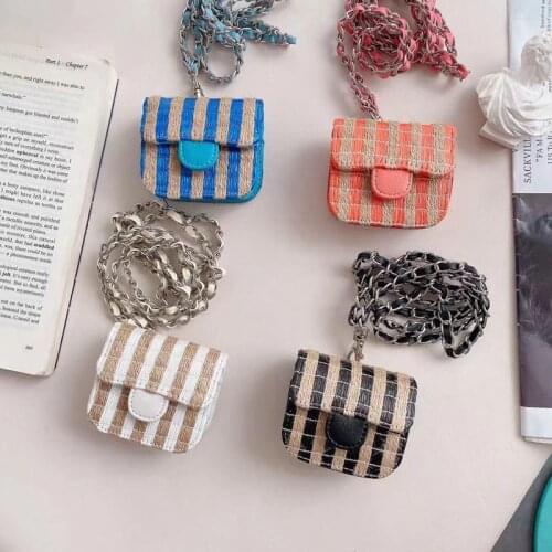 Fashion Raffia Textile Mini Bag Luxury Brand Crossbody Chain Strap Universal Earphone Case Purse for AirPods FreeBud Buds Pro