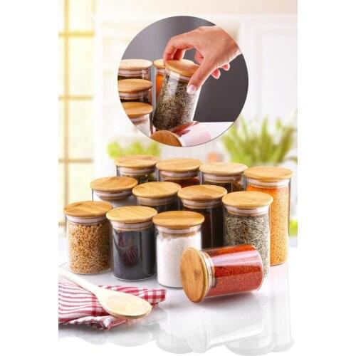 Spice Set 12 Piece Glass Kitchen Mother Spice Set Salt and Pepper Bowl Tableware Wooden Bamboo