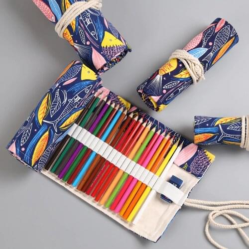 Creative Stationery Pencil Case 36/48/72 Holes Pen Curtain Colorful Fish Cartoon Canvas Wrap Roll Up Pencil Pen Brush Bag Gift