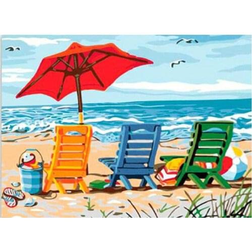 Beach scenery 5D DIY Diamond Painting Beach chair Full Square round stone 5D Rhinestone Embroidery Mosaic landscape Wall Decor