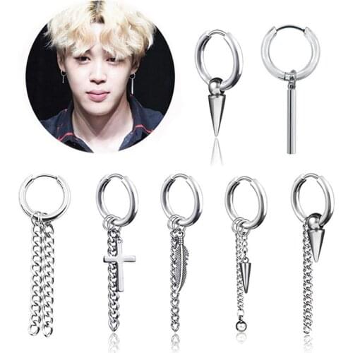 1 pair Stainless steel Long Chain Tassel Ear Buckle Earring Punk Men Women Asymmetry Earrings Hip Hop Street Pop Ear Jewelry