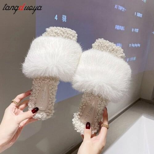 Autumn Fluffy Fur Slippers Shoes Woman Plush Fur Slip On Flip Flop Flat Furry Fur Slides Outdoor Sandals Woman Flats 2021