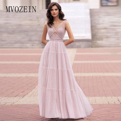Mvozein Evening Dress Tulle A-Line V-Neck Sleeveless Pleat Pearl Beaded Formal Prom Gowns Party Evening Dress robe de soiree