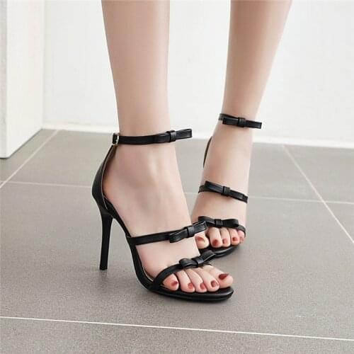YQBTDL Summer 2020 New Stilleto Sexy Heels Bowtie Narrow Band Ankle Strap Thin High Heel Women Sandals Black Brown Womans Shoes