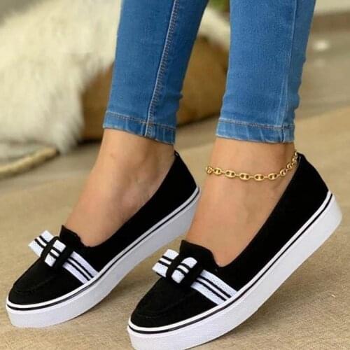 Womens Solid Color PU Ribbon Decoration Round Toe Flat Heel Platform Comfortable Fashion Casual All-match Loafers 6K066