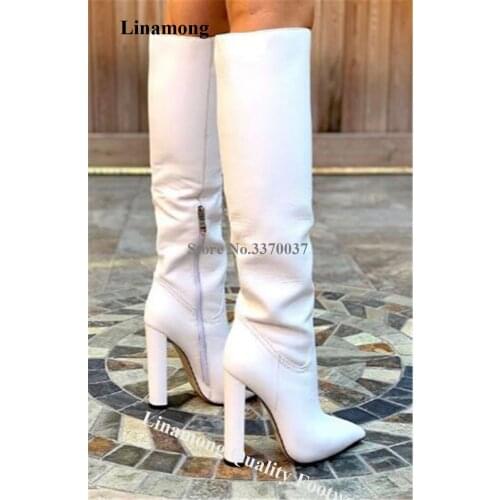 Linamong Elegant Women Pointed Toe Chunky Heel Knee High Boots White Leather Long Thick High Heel Boots Wedding Dress Shoes