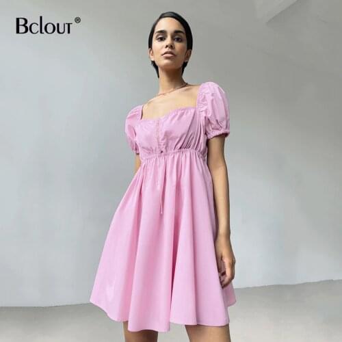 Bclout Cotton Lace-Up A Line Pink Dress Women Sexy Backless Puff Short Sleeve Pleated Mini Dresses Summer High Waist Party Robe