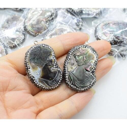 2pieces loose beads sea shell beauty woman head 25*45mm zircon FPPJ wholesale nature for DIY jewelry