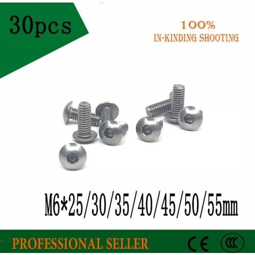 30pcs M6*25/30/35/40/45/50/55mm Stainless Steel 304 Round Head Screws Mushroom Hexagon hex Socket Button Head Screw Bolt