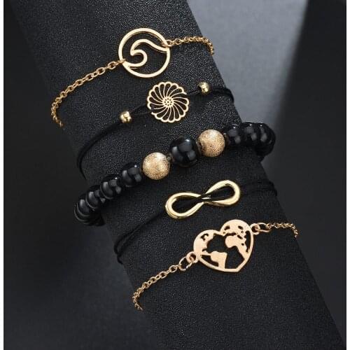 5Pcs/set Korean Hollow Flower Heart Bracelets Bead String Open Adjustable Hand Chain Womens Fashion Bracelet Jewelry Gifts