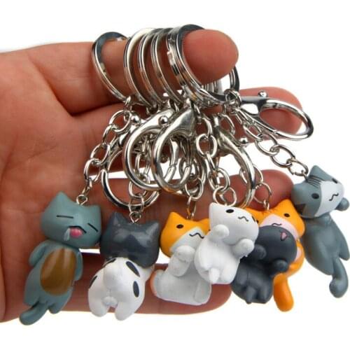 6PCS Cute kawaii cat cartoon movable doll toy creative key chain car key ring anime Korean couple bag pendant