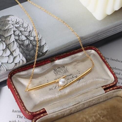 Amaiyllis 18k Gold Minimalist Imitation Pearl Chopstick Pendant Necklace Light Luxury Long Chain Necklace Jewelry