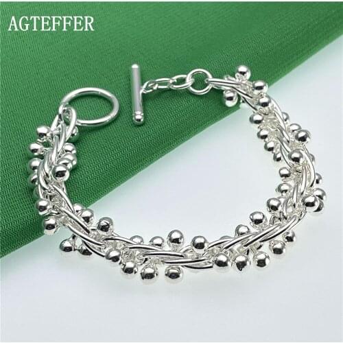 AGTEFFER 925 Sterling Silver Grape Bead Bracelet Mens and Womens Fashion Exquisite Wedding Party Jewelry Gift