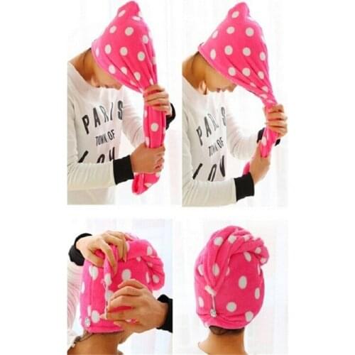 Quick Dry Bath Turbie Turban Twist Drying Cap Loop Button Hat Lady Women Girls Hair Wrap Head Towel Bathing Makeup Cosmetic Tool
