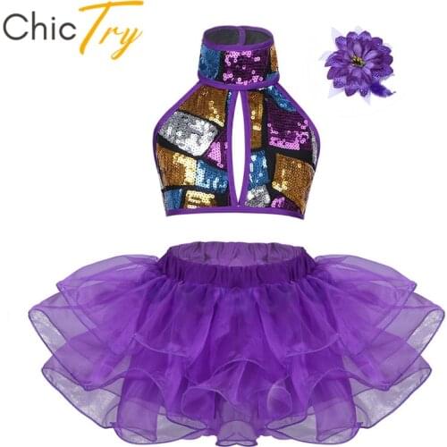 ChicTry Kids Girls Sequins Stage Performance Ballroom Lyrical Jazz Dance Costumes Children Halter Crop Top Ballet Tutu Skirt Set