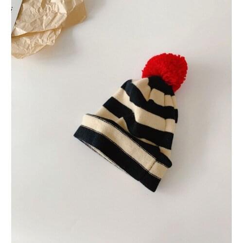 2021 Retro striped children knitted hat Girls boy Hat Curling ball Beanie Cap 50-52cm