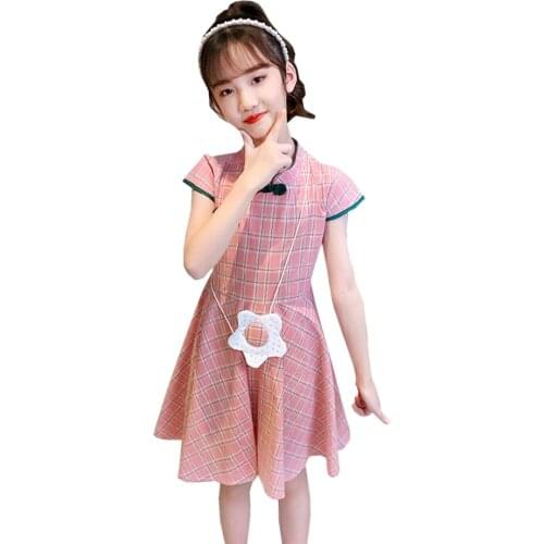 Kids Dresses For Girls Plaid Pattern Kids Dresses For Girls Summer Kid Dress Chinese Style Childrens Clothing Free Bag