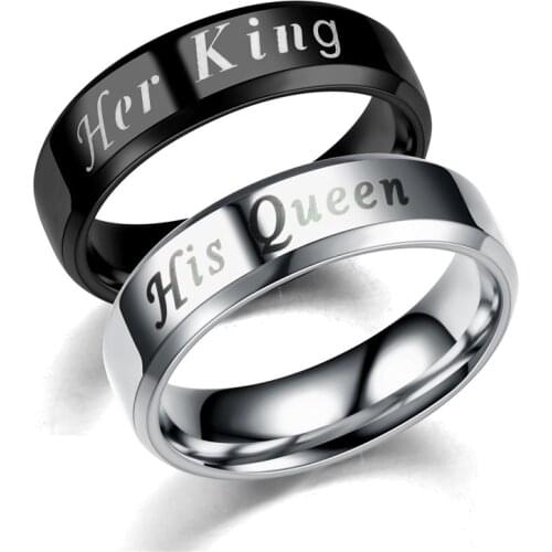 Her King&his Queen Couple Rings 6mm Black/Silver Color Stainless Steel Smooth Wedding Engagement Rings for Women Men Jewelry