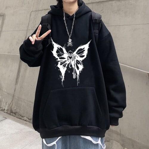 Gothic Streetwear Butterfly Skeleton Pullover Sweatshirt Top Ulzzang Skulls Print HipHop Punk Harajuku Casual Loose Women Hoodie