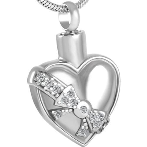 IJD8561 Crystal Bowknot with High Polished Heart Cremation Jewelry Pendant Women Stainless Steel Memorial Urn Necklace for Ashes