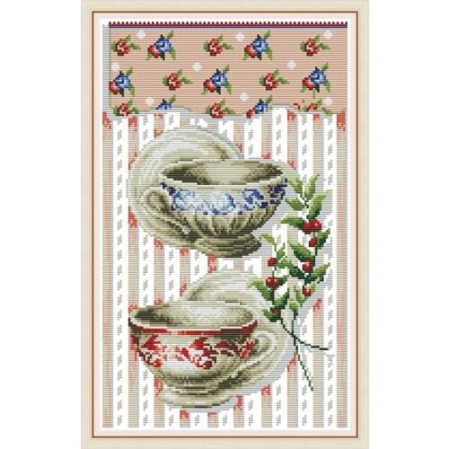 Joy Sunday CupTea and Flower Porcelain Cross Stitch Kit Printed Pattern Canvas Embroidery Needlework Set Cross Stitch Home Decor