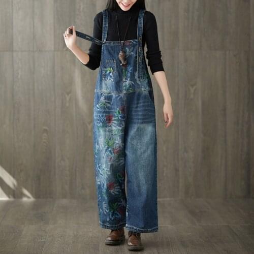 Women Wide Leg Suspenders Bib jean Jumpsuits Vintage Printed denim Overalls Big size Bleached Drop Crotch Denim Rompers Pants