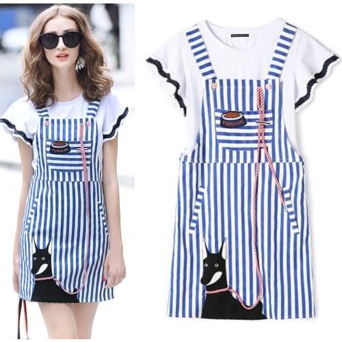 Two Pieces Clothing Set Womens Summer Flare Sleeve Blousa Tops + Dog Embroidery Short Mini Stripped Strap Overall Dresses NS835