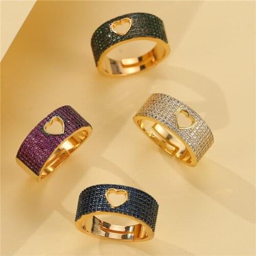 Koreas Version Exquisite Color Zircon Hollow Rings Fashion Sweet Versatile Heart Adjustable Open Ring for Women Jewelry Gift