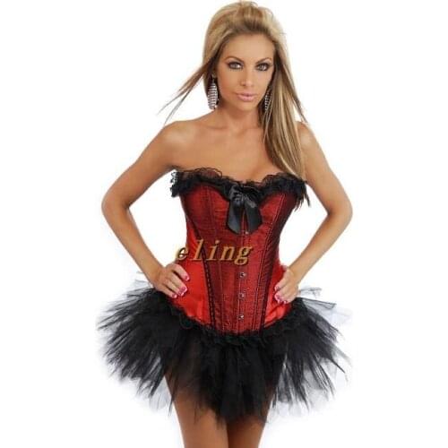 Red black Ladies Satin Lace Up Basque Corset Separate Tutu S-XXL a820