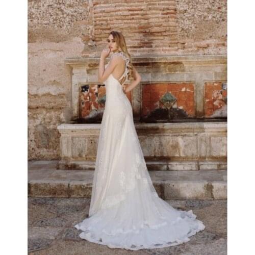 Lace Boho Wedding Dresses V Neck Open Back Elegant Slim Bride Dress White Ivory Appliques Bohemian