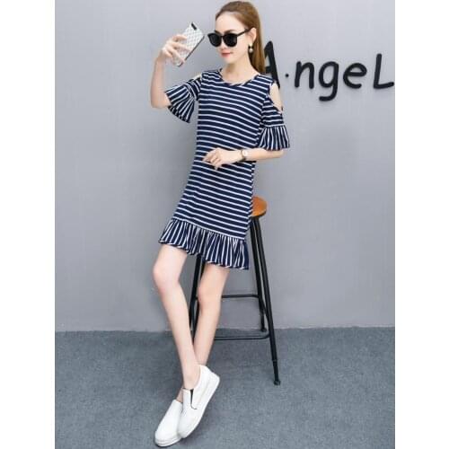 Summer clothes Women Striped Dress Cold Shoulder Lady Off shoulder ruffle Elegant Ruffles Casual Dress For Girls clothes