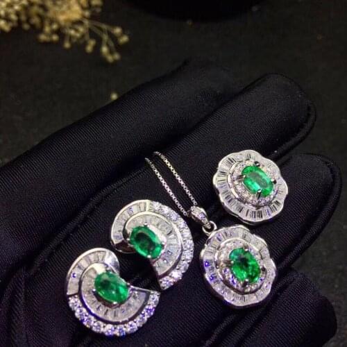 Classic emerald jewelry set for evening party real natural emerald earrings ring pendant set 925 silver emerald fine jewelry