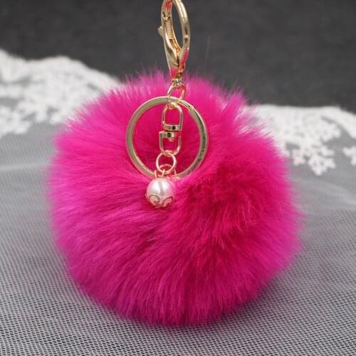 New Women Fur Key chain Car Keychain Pom Pom 8cm pompom 20 Colors with pearl Bag charm Cute Car Key Ring Jewelry