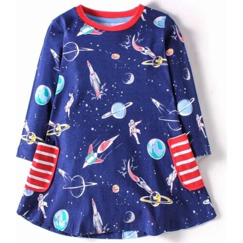 Jumping Meters New Arrival Spaces Rockets Print Princess Cotton Costume Baby Girls Dress for Autumn Spring Kids Girls Clothes