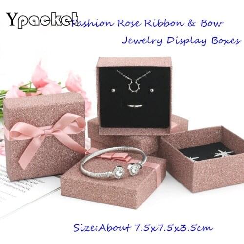 Jewellery Organizer Boxes 48pcs/Lot 7.5x7.5x3.5cm Necklace Pedant Jewellery Packaging Ring Ribbon Bow Rose Gift Storage Case