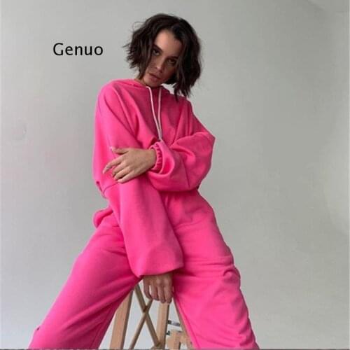 Autumn Winter Two Piece Set Neon Color Women Hoodie Fleece Sweatshirt Crop Top & Pants Tracksuit Sport Jogging Suit Clothing Set