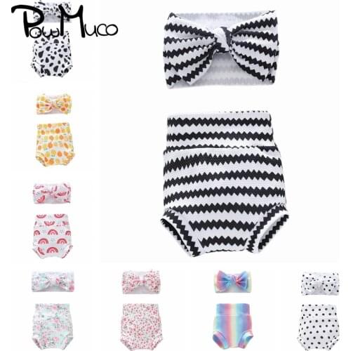 Powmuco Lovely Cartoon Pattern Bowknot Headband and Bread Pants Set Fashion Print Bows Elastic Wide Hairband Photography Props