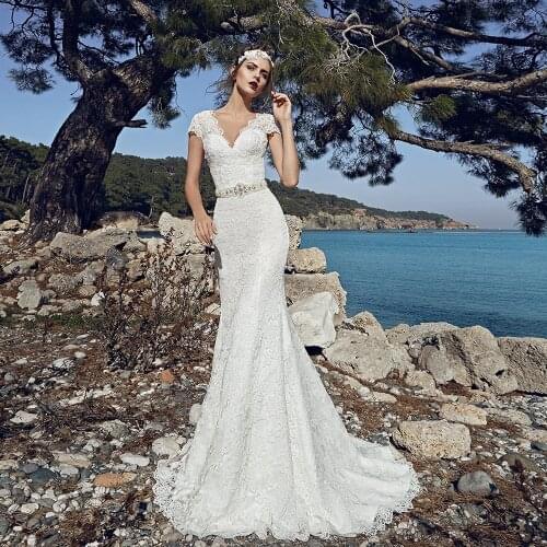 Robe De Mariage Lace Mermaid Wedding Dress V-Neck Touwjurk Cap Sleeve Sukienka Na Wesele Beading Crystal Belt Vestido De Noiva