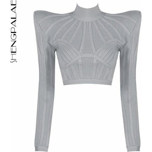 SHENGPALAE Jacquard Striped Spliced Knitted Tops Womens Autumn 2021 New Stand Collar Thin Long Sleeve Back Zipper Short T-shirt
