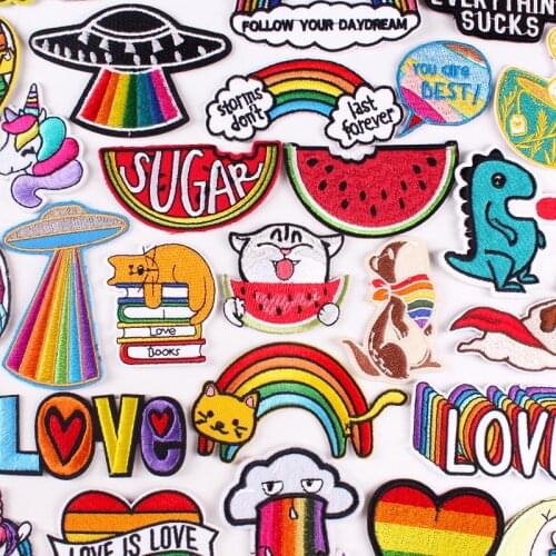 Cute Cat Embroidered Patches For Clothing Thermoadhesive Patches Cartoon LGBT Rainbow Applique Iron On Patches On Kids Clothes