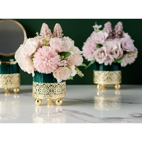 Modern Metal Frame Ceramic Vase+Artificial Flower Accessories Dining Table Decoration Home Liivngroom Desktop Ornaments Crafts