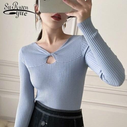 V-neck Sweater Women Sexy Knit Sweater Women 2021 Autumn Slim Solid Wool Winter Office Lady Chic Hollow Korean Clothes 10806