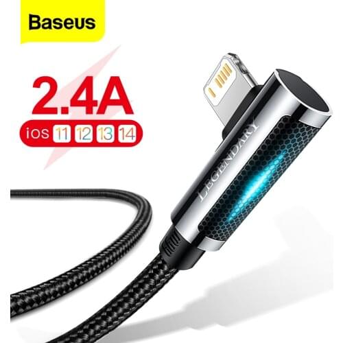 Baseus LED USB Cable For iPhone 12 11 Pro XR Xs Max 90 Degree Fast Charging Mobile Phone Cable For iPad Airpods Data Wire Cord