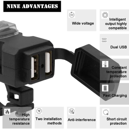 Dual USB Port Waterproof Motorcycle Handlebar Charger 5V 1A/2.1A Adapter Power Supply Socket for Phone Mobile 9-90V
