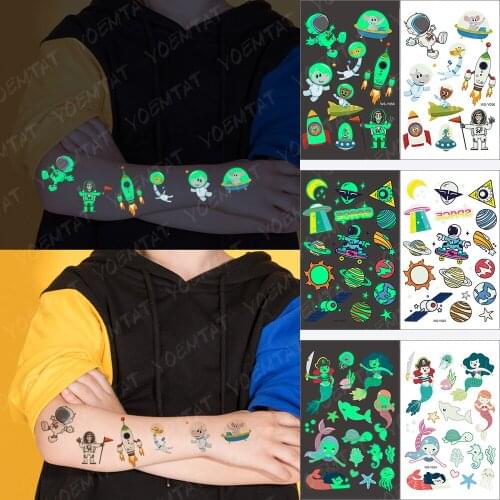 Waterproof Temporary Tattoo Sticker Universe Rocket Mouse Astronaut Luminous Child Animal Tatoo Body Art Luminous Fake Tatto