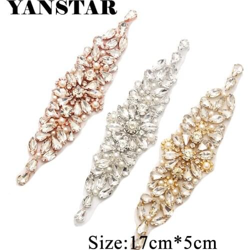 YANSTAR(2 PCS) Handmade RoseGold Rhinestone Appliques Accessory 17*5CM Hand Sew Bridal Belt Crystal For Wedding Belt YS892