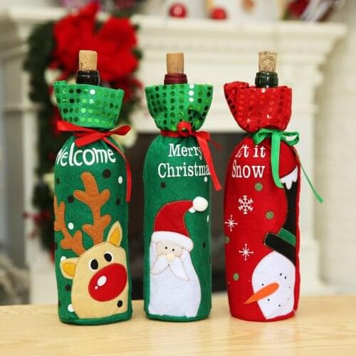10PCS Christmas Wine Bottle Decor Santa Snowman Deer Bottle Cover Sequin beam mouth Kitchen Decoration for New Year