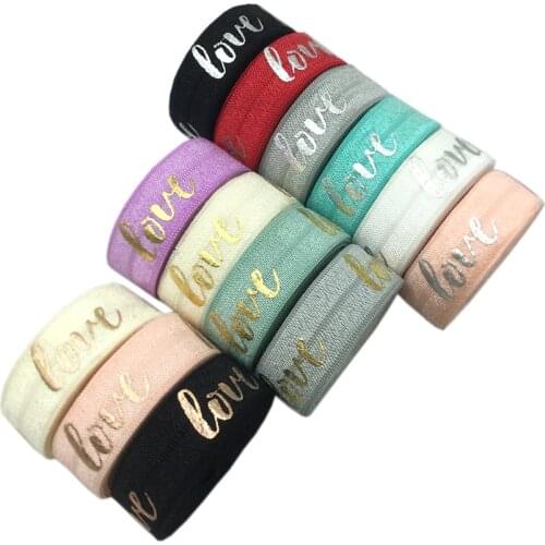 10Yards 15mm Rose Gold Foil LOVE Print Fold Over Elastic FOE Ribbon Webbing For Headwear Hair Sewing Accessories