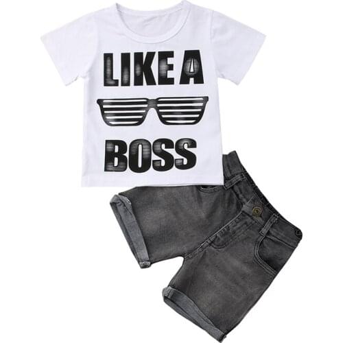 Like A Boss Toddler Kids Boy Clothes Summer Short Sleeve Cotton T-shirt Tops+Denim Shorts Jean 2PCS Outfit Clothing Set 1-6Y