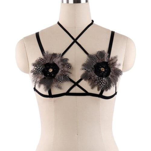 Angel Feather Harness Bralette Crop Tops Epaulettes Shoulder Steampunk Goth Fetish Exotic Festival Plus Size Cage Bra